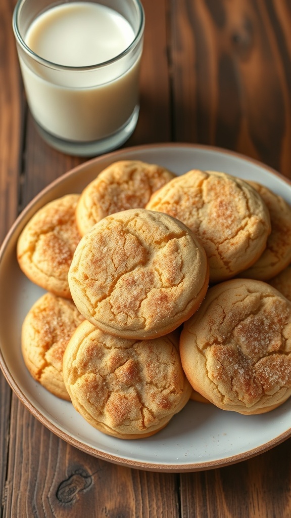 Classic Snickerdoodle Cookie Recipe A plate of golden brown snickerdoodle cookies dusted with cinnamon sugar, next to a glass of milk.